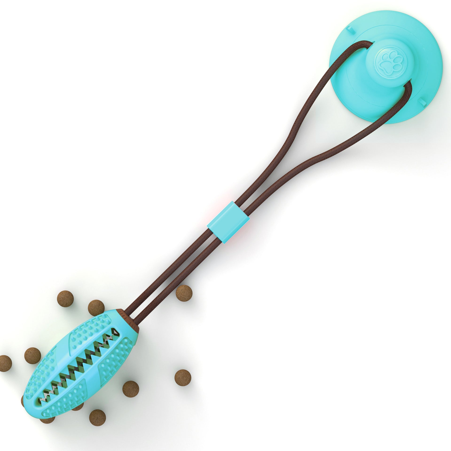 Blue suction cup dog toy with tug rope and treat-dispensing ball