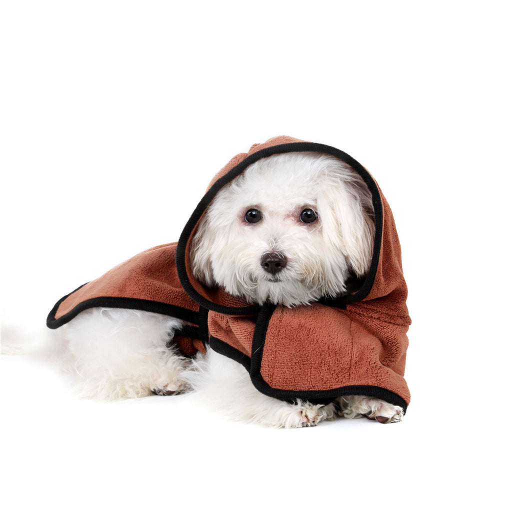 Dog wearing Lorzini quick-dry hooded microfiber drying robe