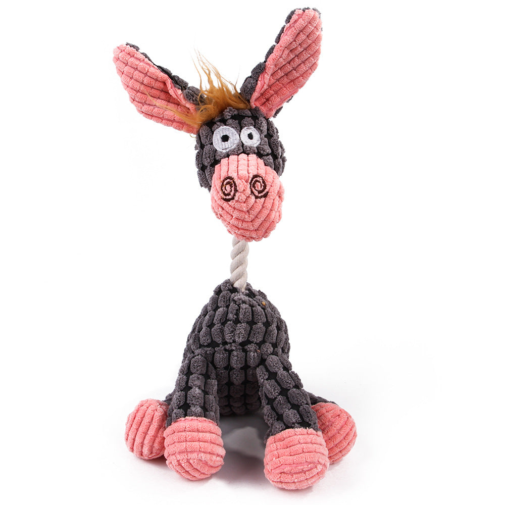 Grey and pink corduroy plush squeaky donkey dog toy