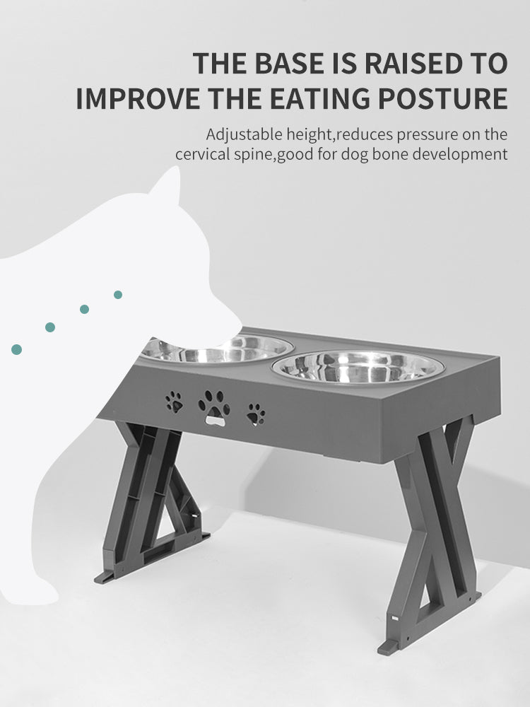 Adjustable-height raised dog feeder improving eating posture, side view