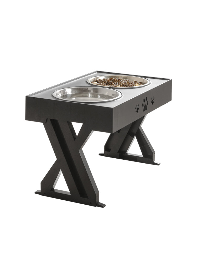 Folding elevated dog bowl stand shown collapsed for storage