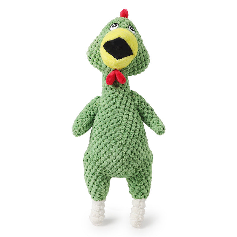 Soft crochet-style squeaky plush dog toy shown up close