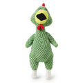 Soft crochet-style squeaky plush dog toy shown up close