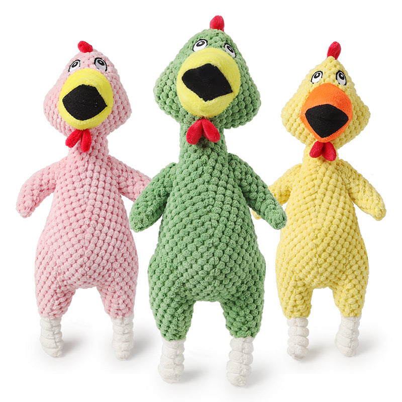 Lorzini squeaky plush chicken dog toys in green, pink, and yellow