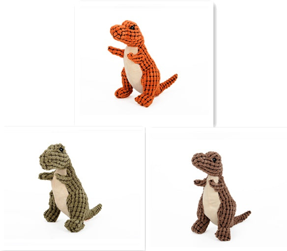 Orange plush squeaky dinosaur dog toy, close-up of ribbed texture