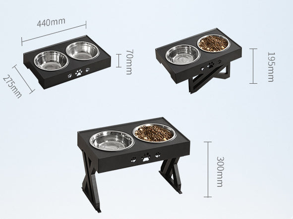 Black adjustable elevated dog feeder with two stainless steel bowls, product shot