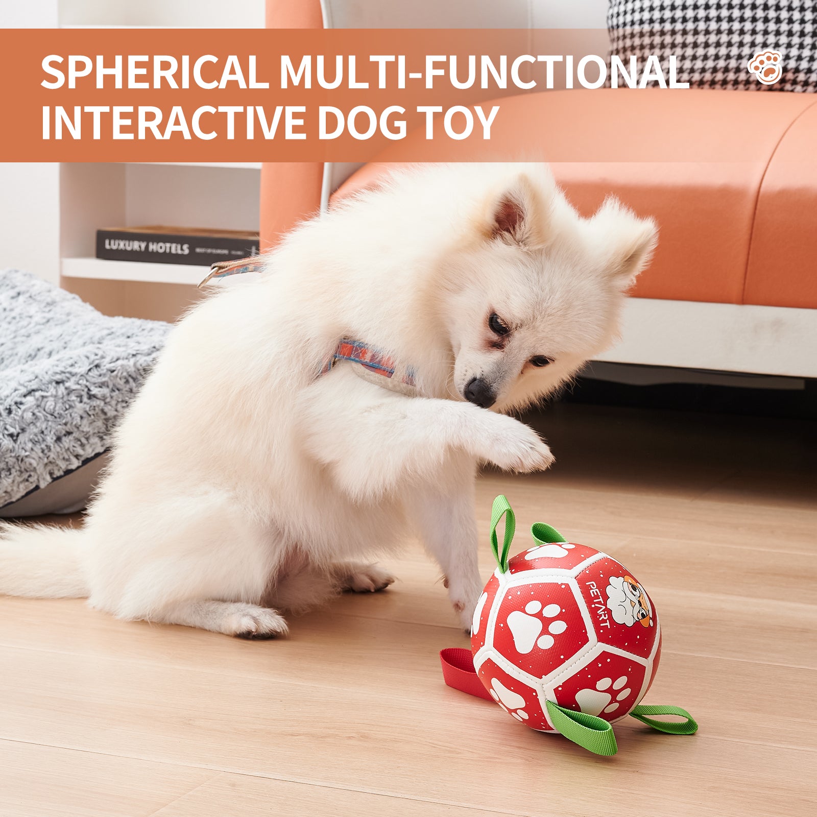 Dog carrying the Lorzini soccer ball with grab straps