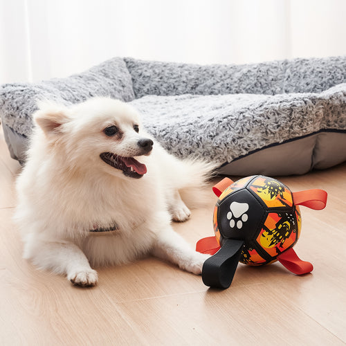 Lorzini dog soccer ball with grab straps, interactive fetch, tug and water toy