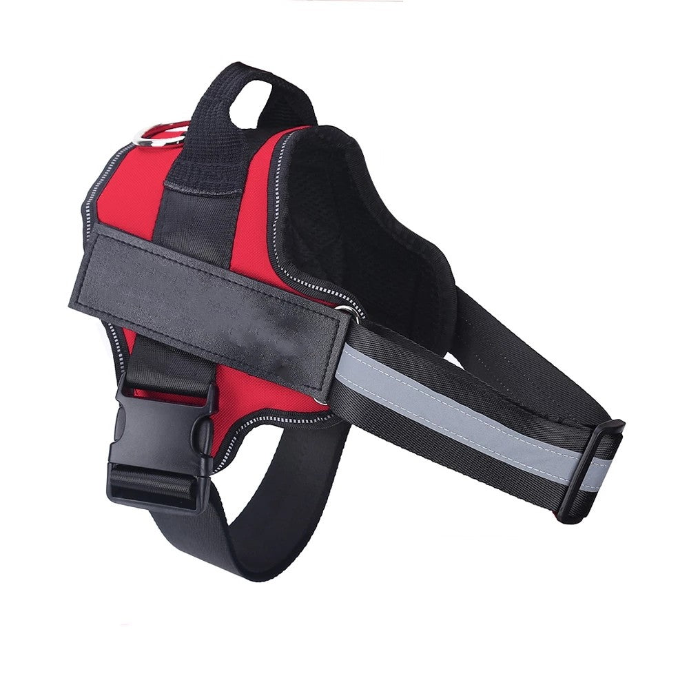 Red no-pull dog harness vest with reflective straps and customizable name patch