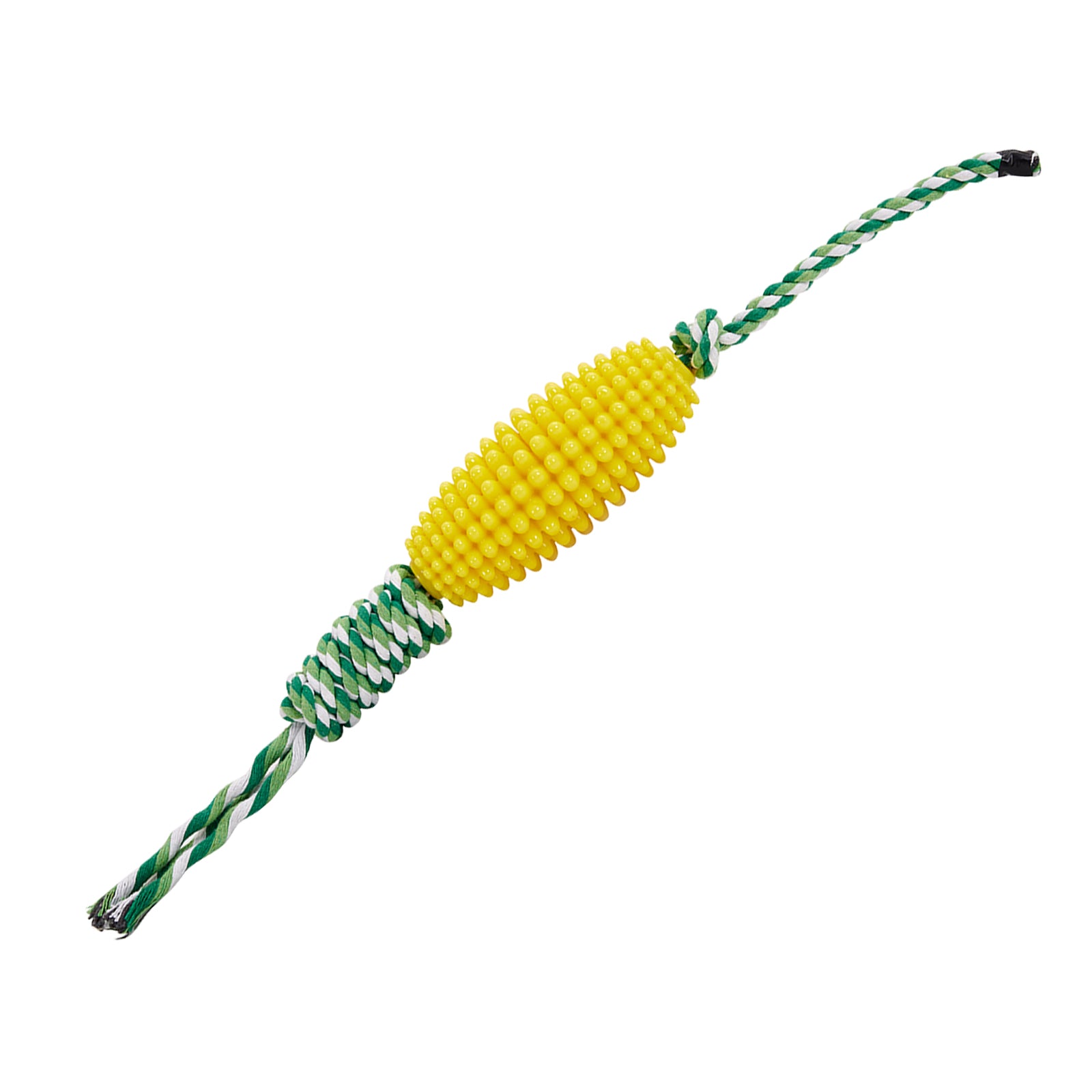 Yellow corn dog toothbrush chew toy with cotton rope