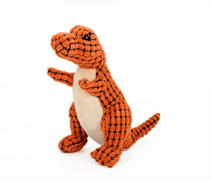 Three plush squeaky dinosaur dog toys in green, brown and orange