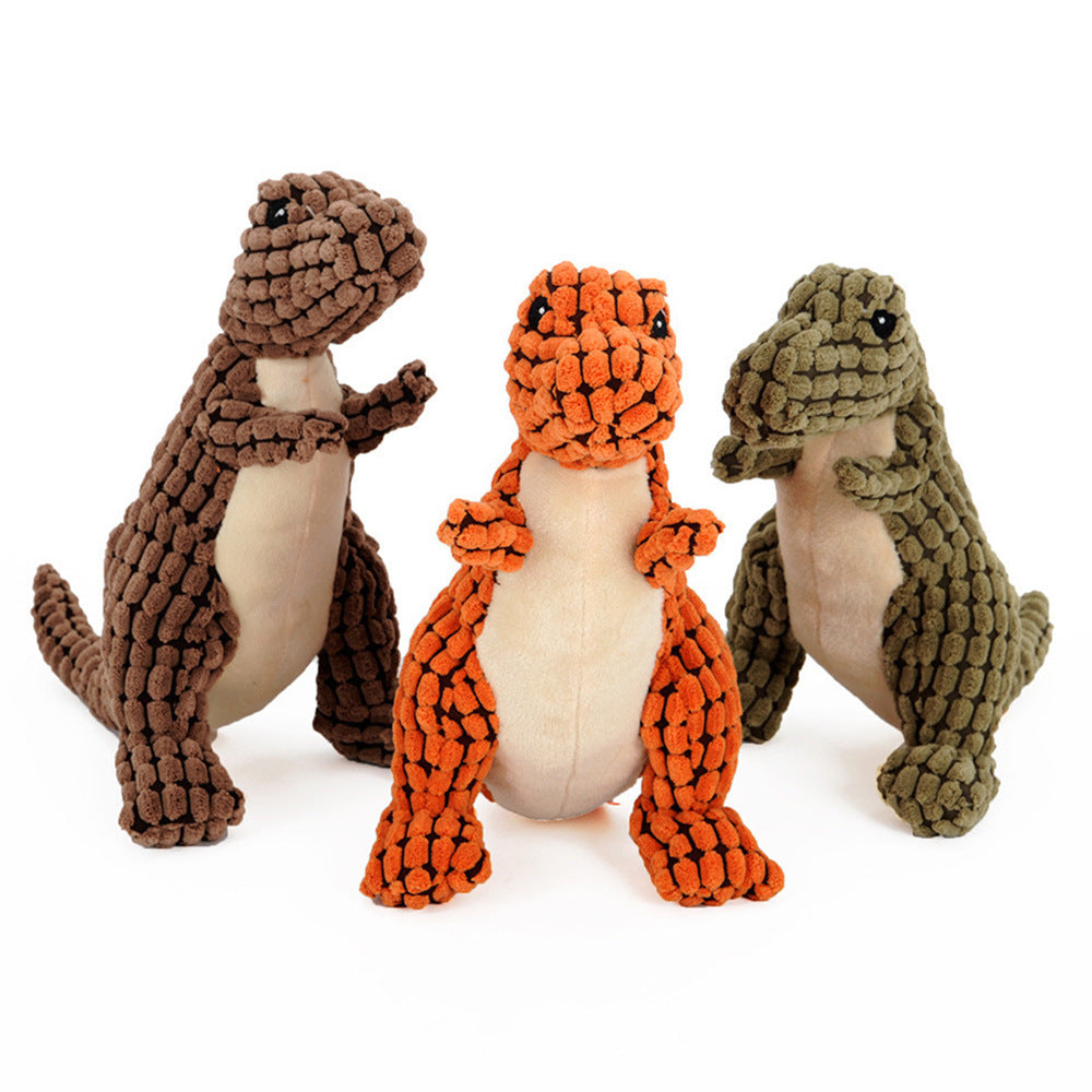 Green plush squeaky dinosaur dog toy, front view