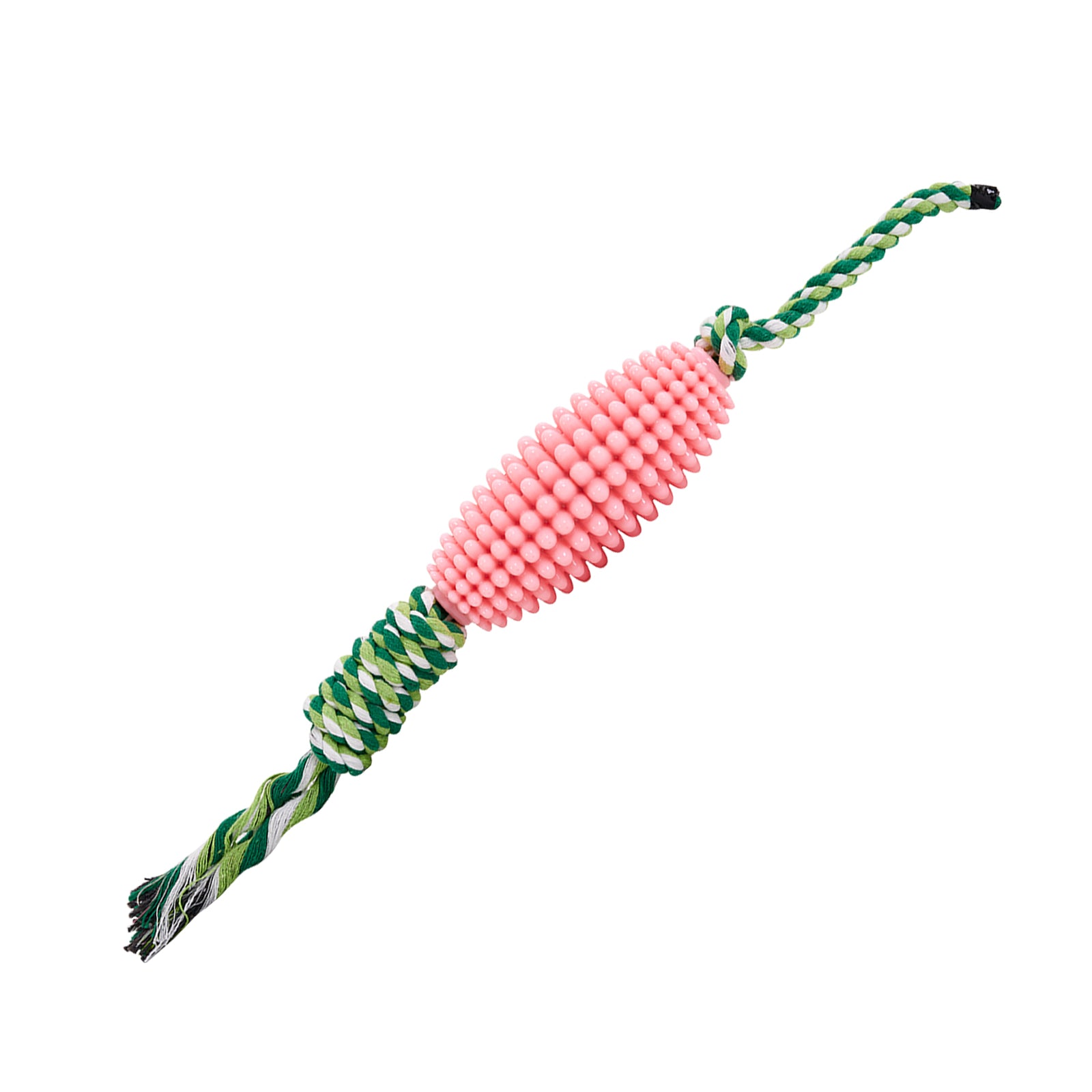 Pink corn dog toothbrush chew toy with cotton rope