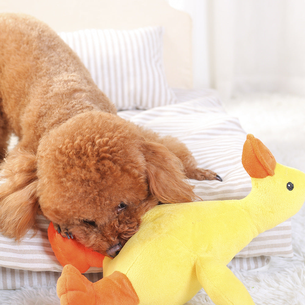 Dog napping with a Lorzini plush duck toy