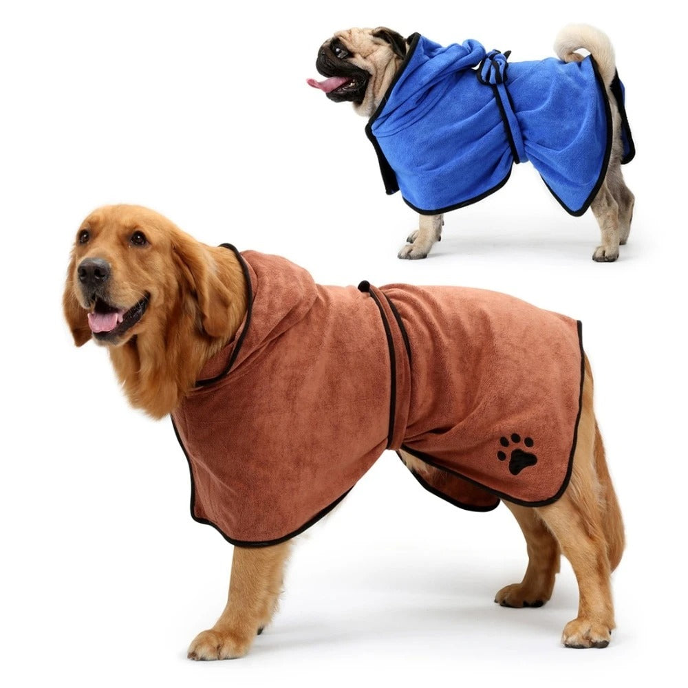 Lorzini super-absorbent dog drying robe — hooded microfiber bathrobe on a dog after a bath