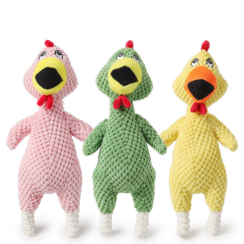 Three squeaky plush chicken dog toys standing, color options