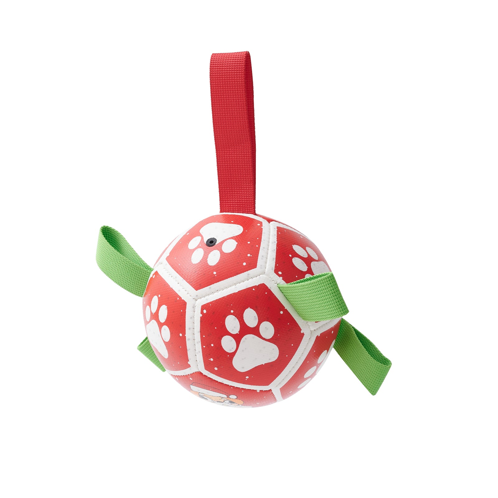 Red Christmas Lorzini dog soccer ball with paw prints and grab straps