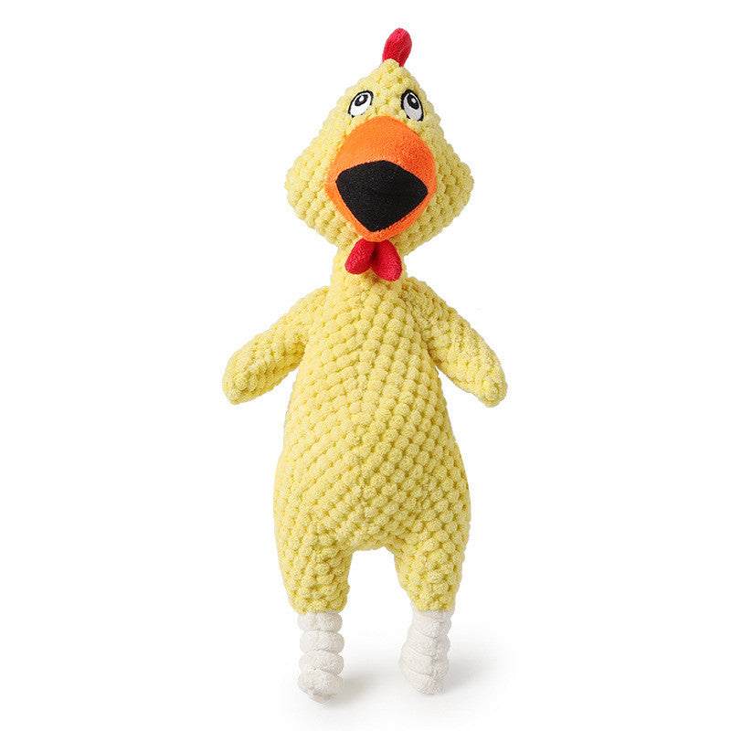 Squeaky plush chicken dog toy showing soft fleece texture