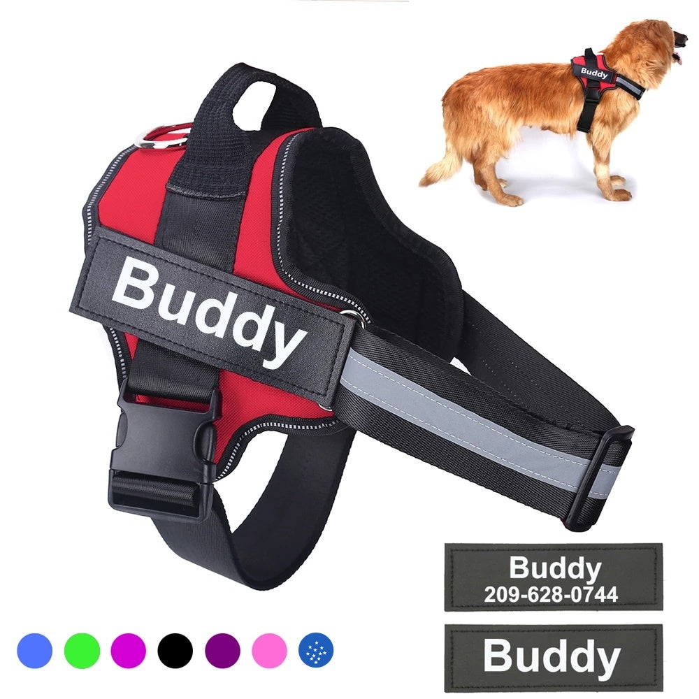 Lorzini personalized no-pull dog harness in red with custom name patch and color options