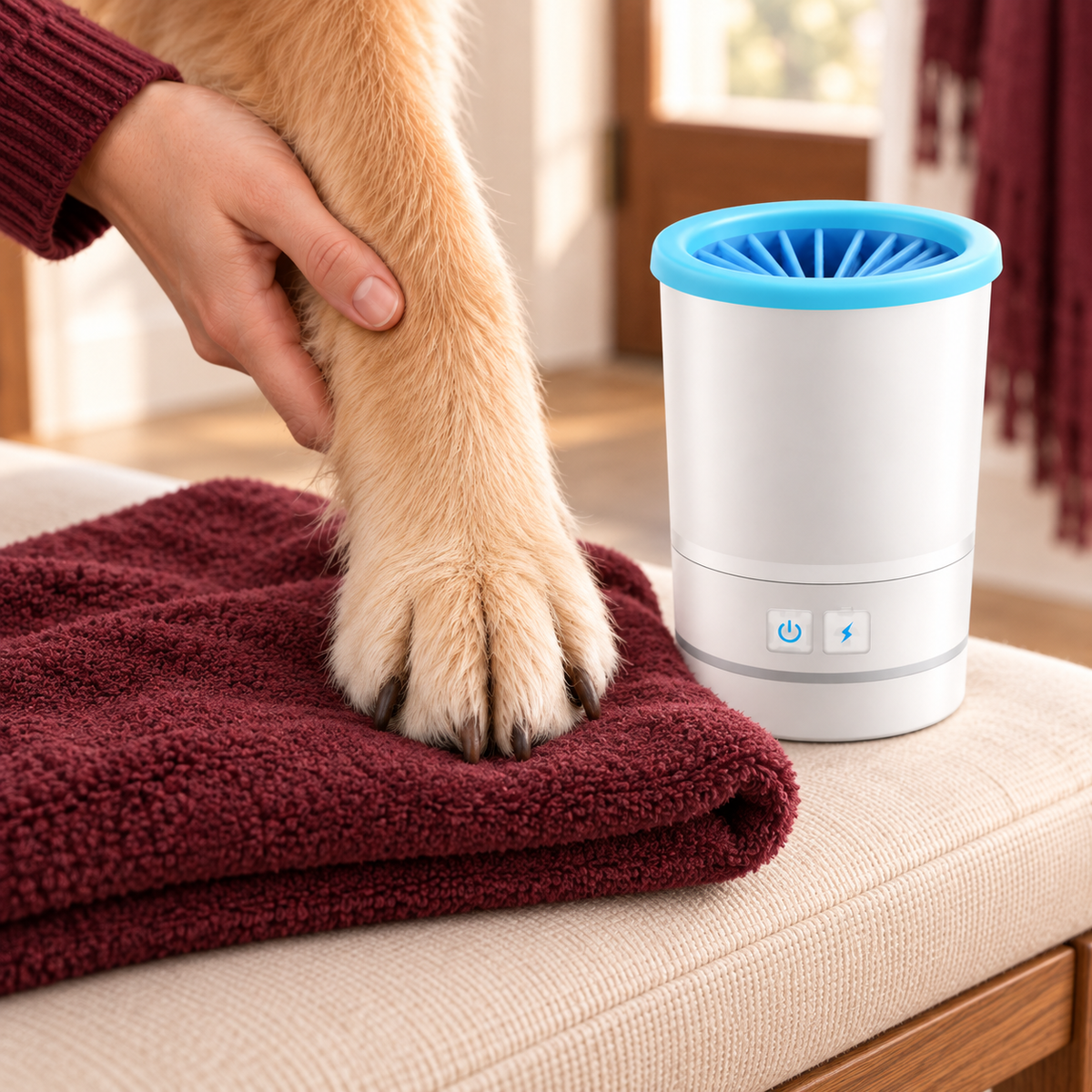 Clean golden retriever paw on a towel beside the white Lorzini paw cleaner