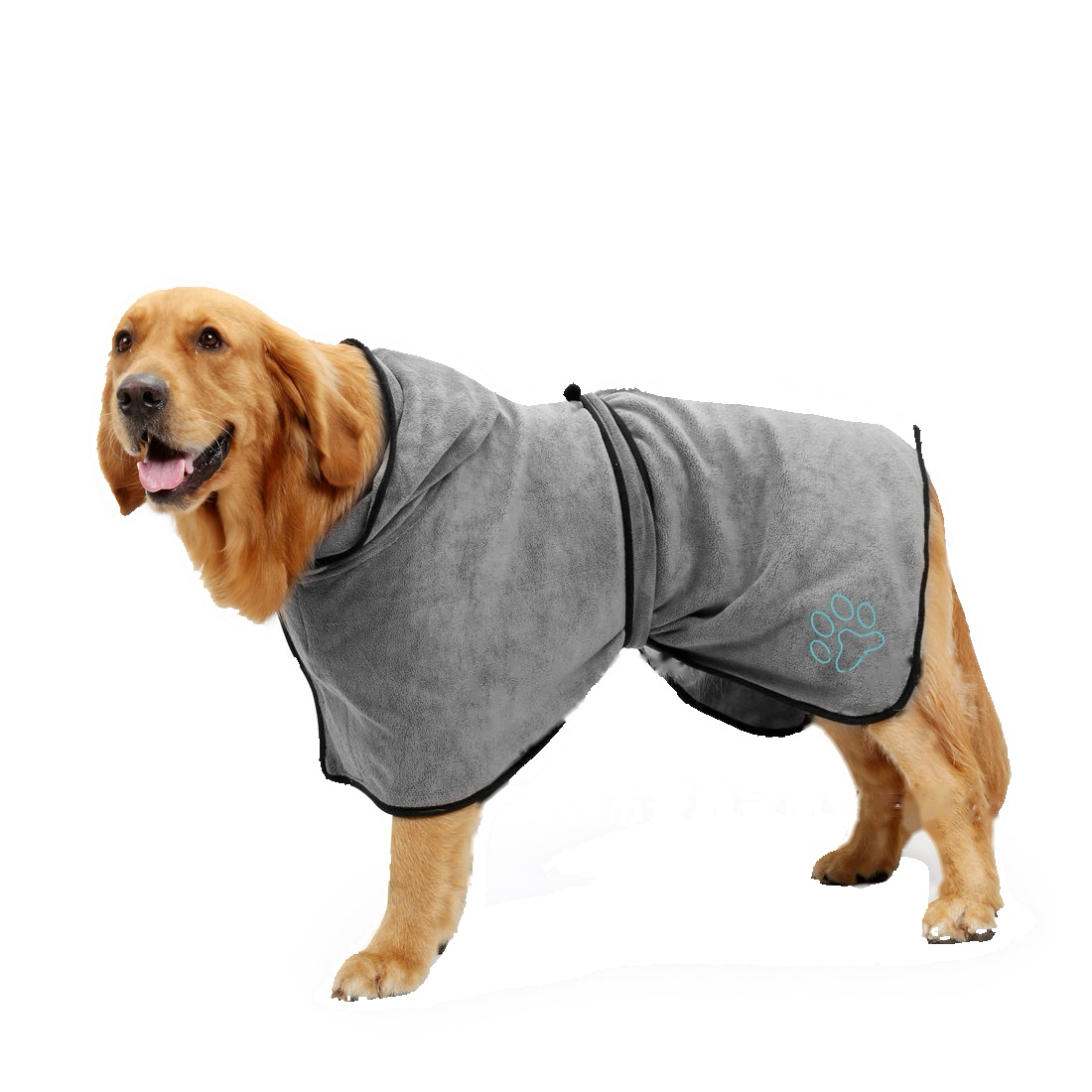 Lorzini dog drying robe in grey — hooded microfiber bathrobe on a dog