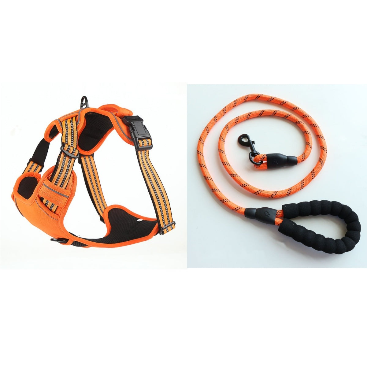 Orange Lorzini no-pull dog harness and reflective rope leash set