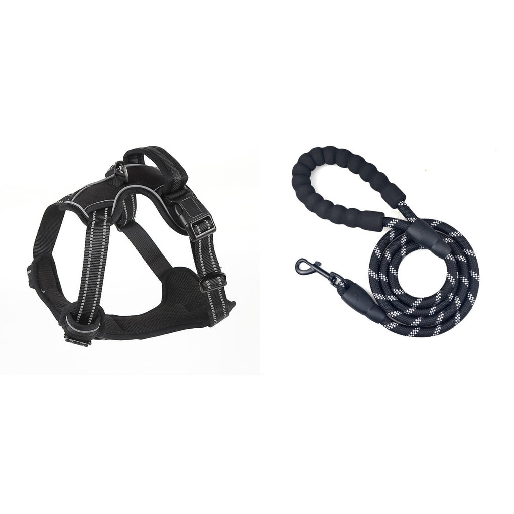 Black Lorzini no-pull dog harness and reflective rope leash set