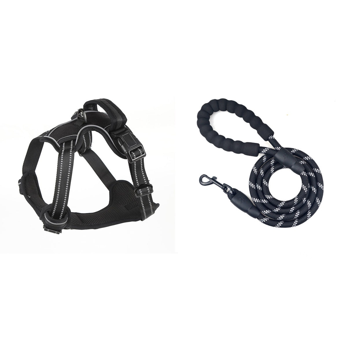 Black Lorzini no-pull dog harness and reflective rope leash set