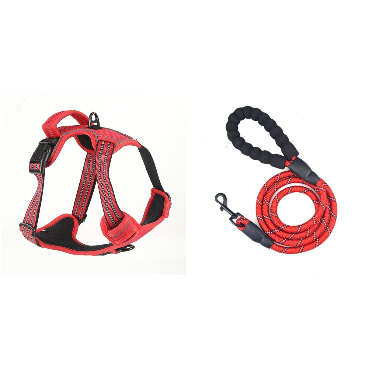 Red Lorzini no-pull dog harness and reflective rope leash set