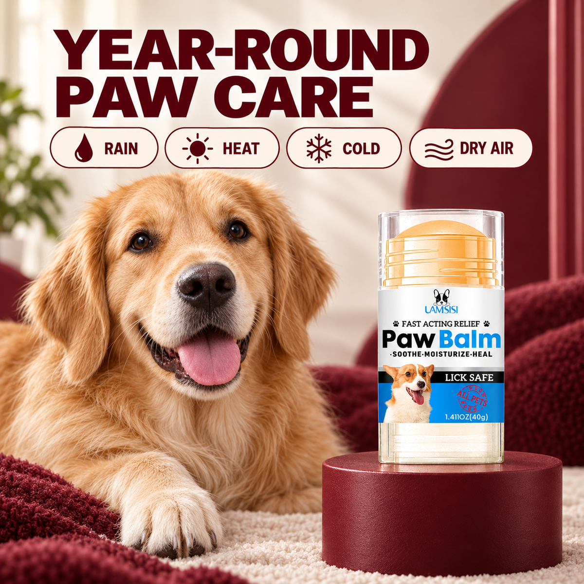 Golden retriever beside dog paw balm for year-round paw and nose care
