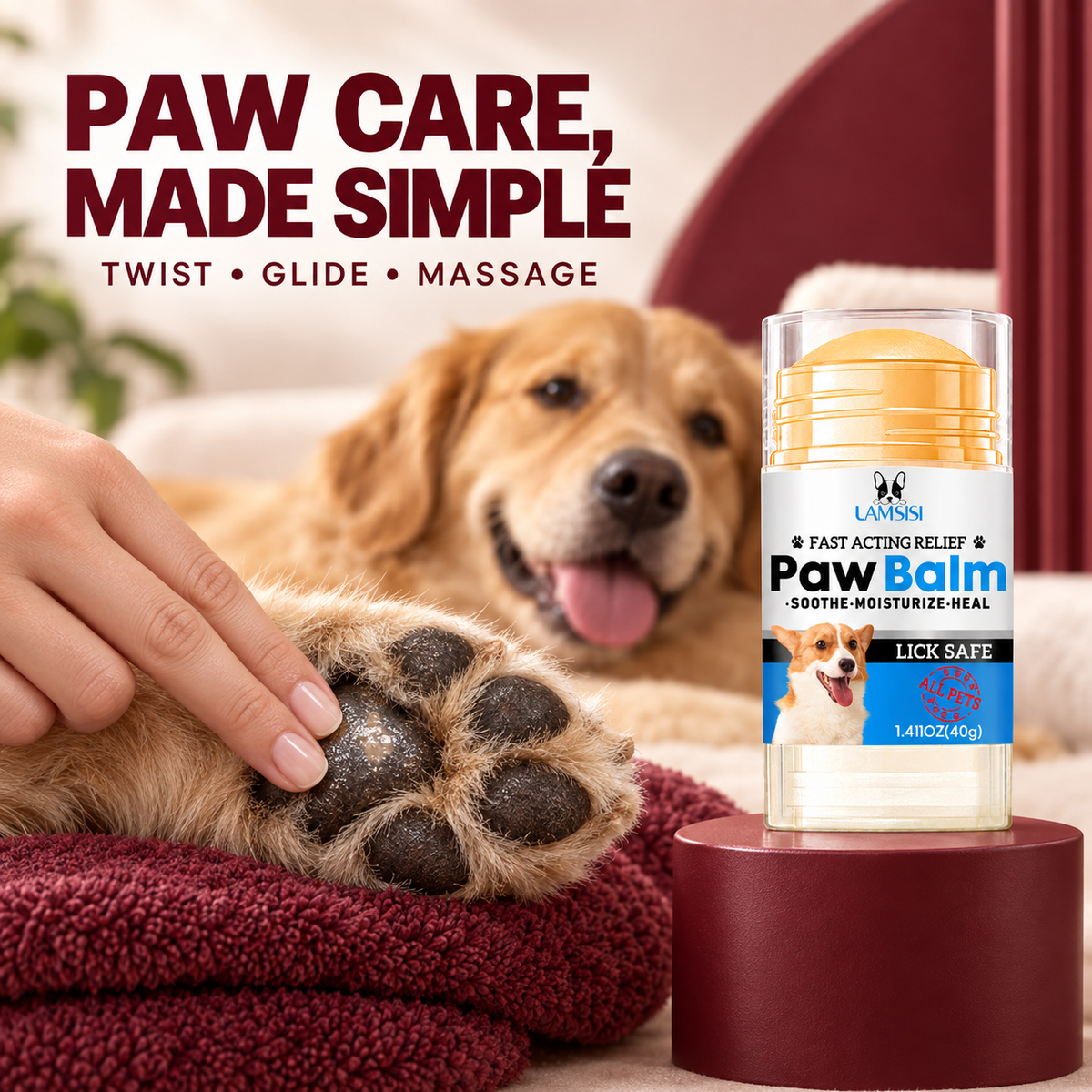 Dog paw balm stick beside a golden retriever during a simple paw care routine