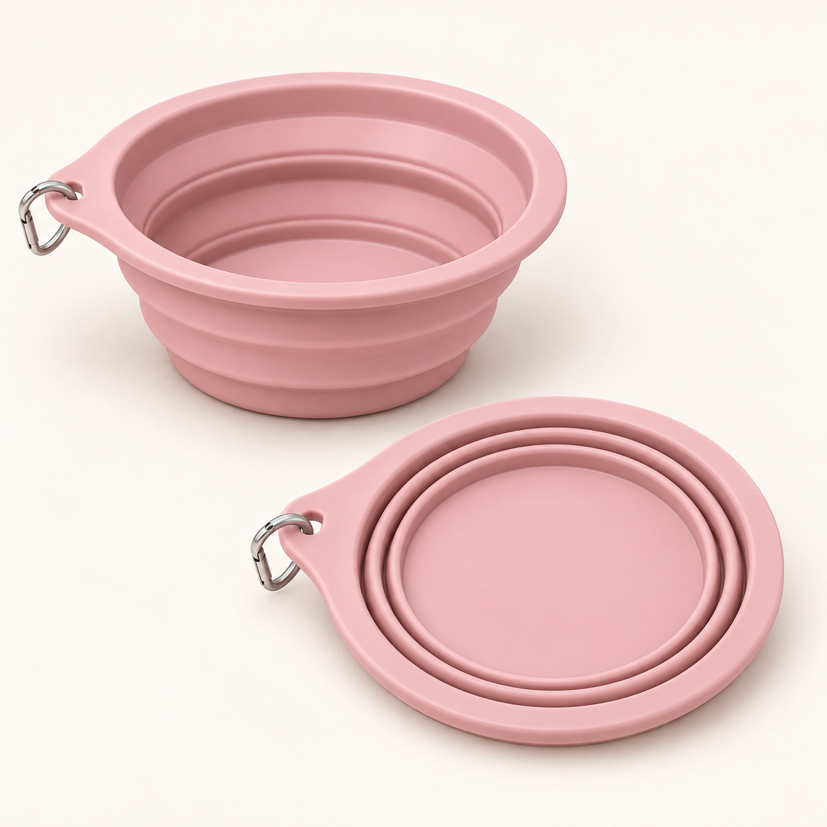 Blush pink collapsible dog bowl shown open and folded flat