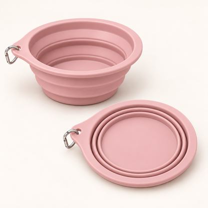 Blush pink collapsible dog bowl shown open and folded flat