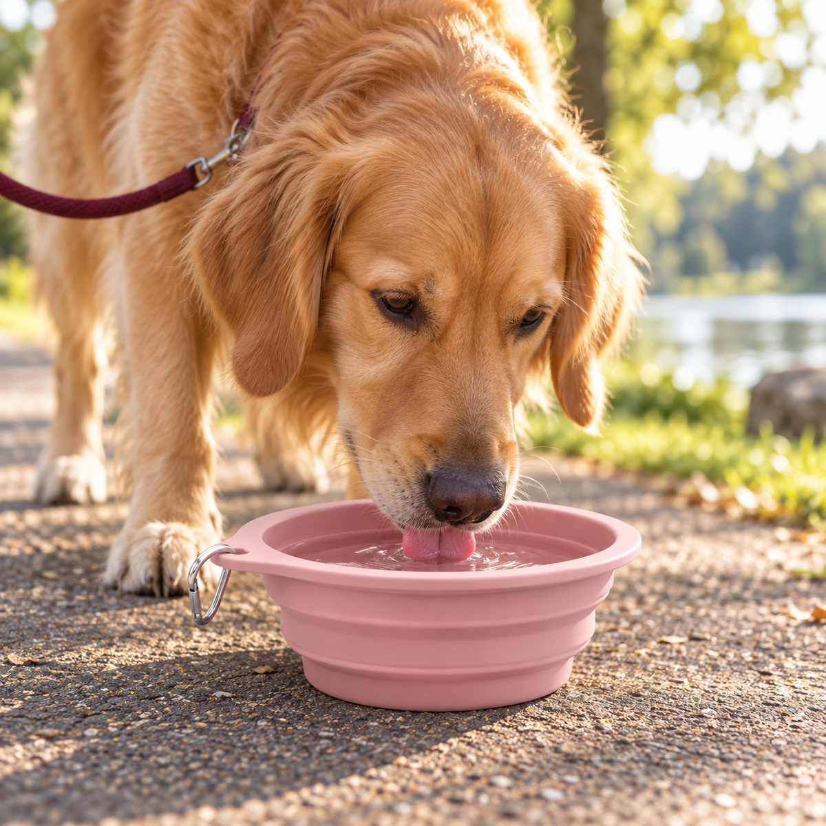 Golden retriever drinking water from a pink travel dog bowl