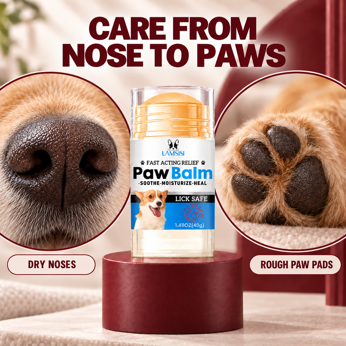 Close-up of a dog's nose and paw pads beside a lick-safe paw and nose balm