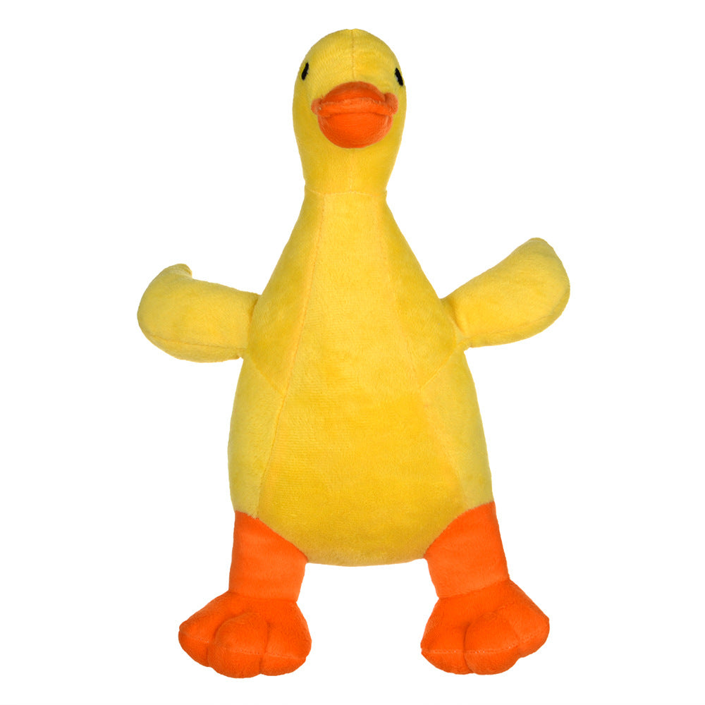 Soft yellow squeaky plush duck dog toy, front view