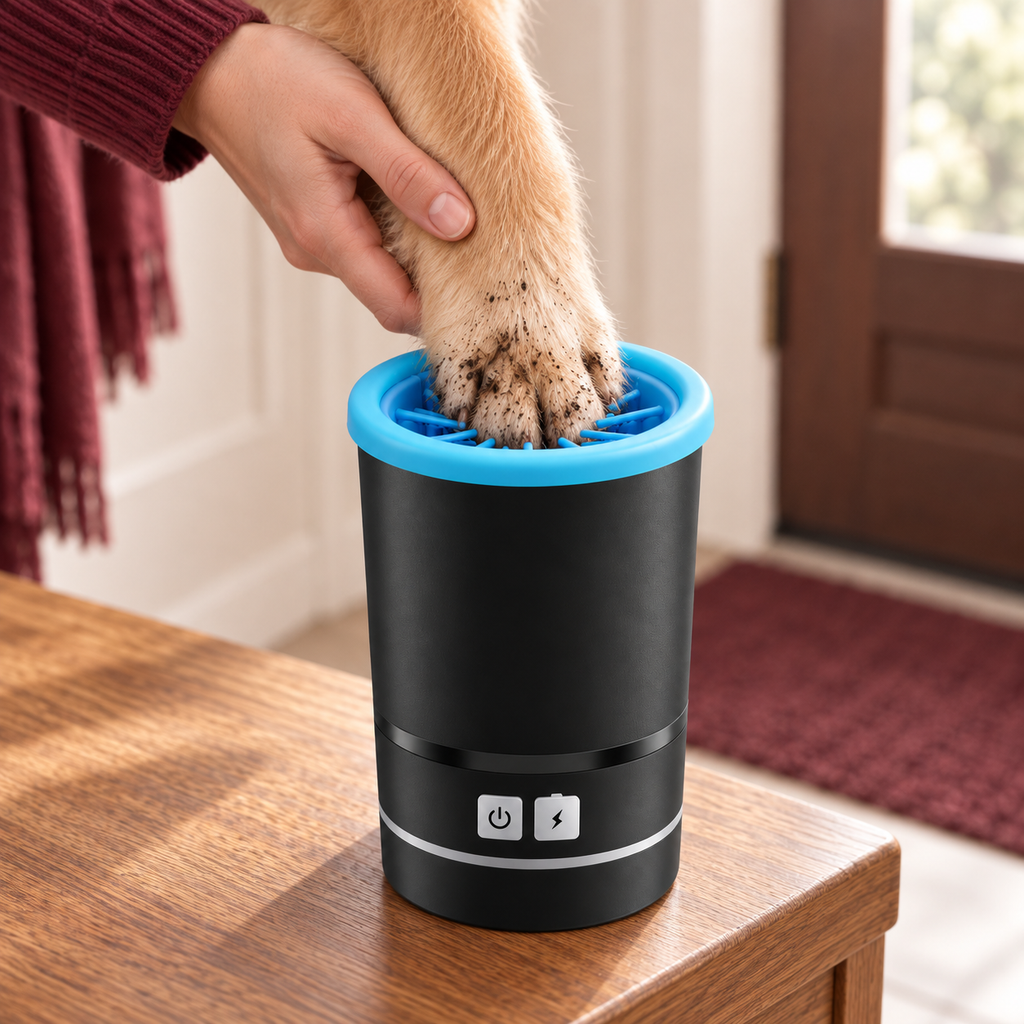 Golden retriever paw inside the black Lorzini electric dog paw cleaner