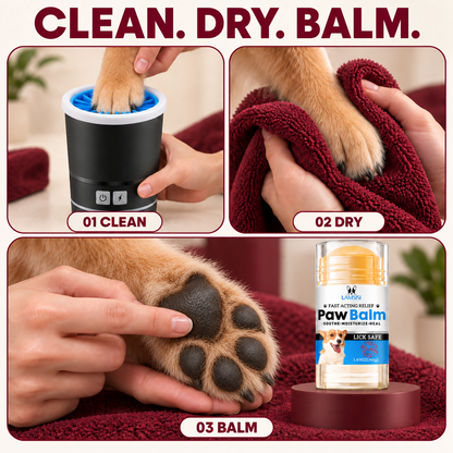Three-step dog paw routine showing clean, dry and apply paw balm