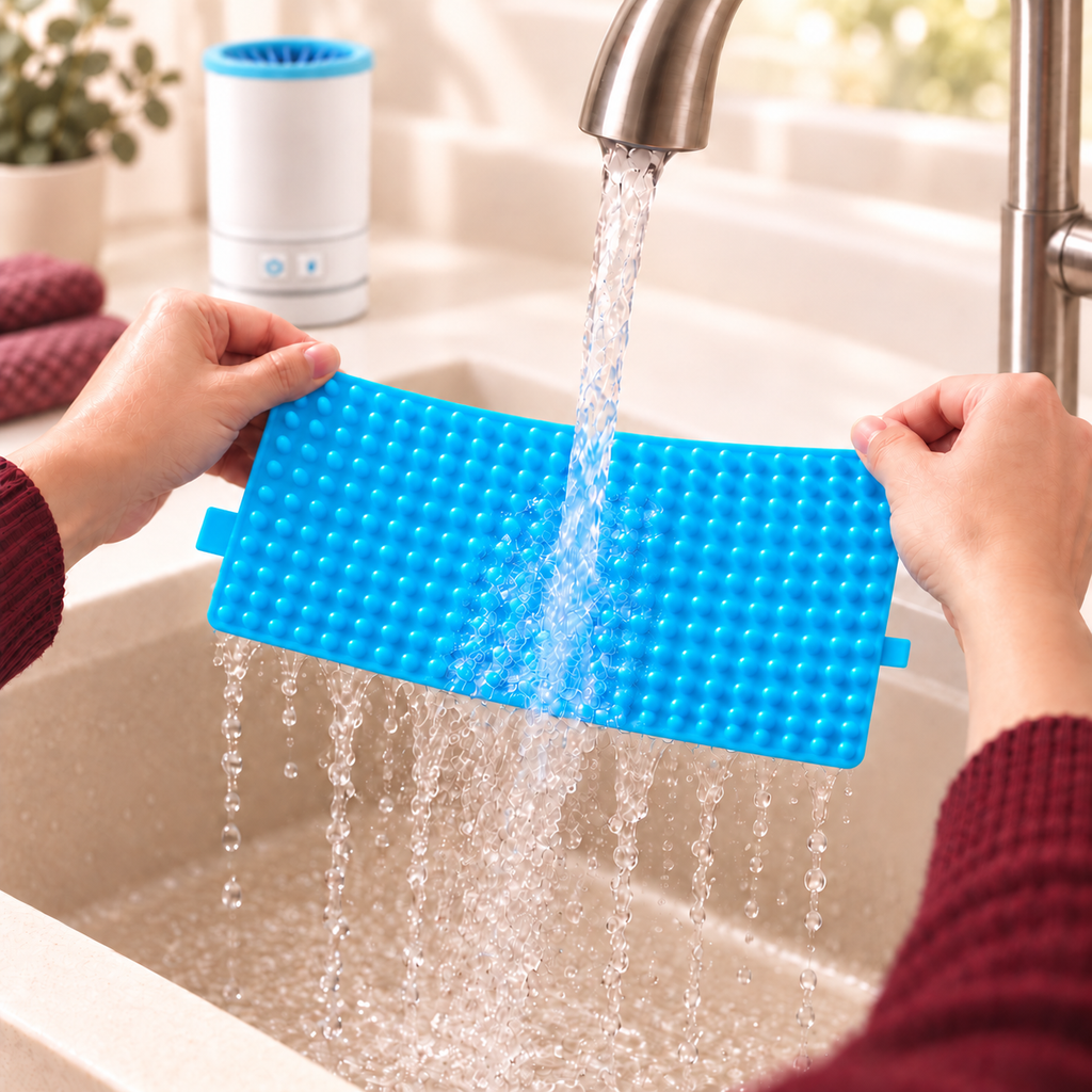 Removable blue silicone insert of the Lorzini paw cleaner being rinsed under running water