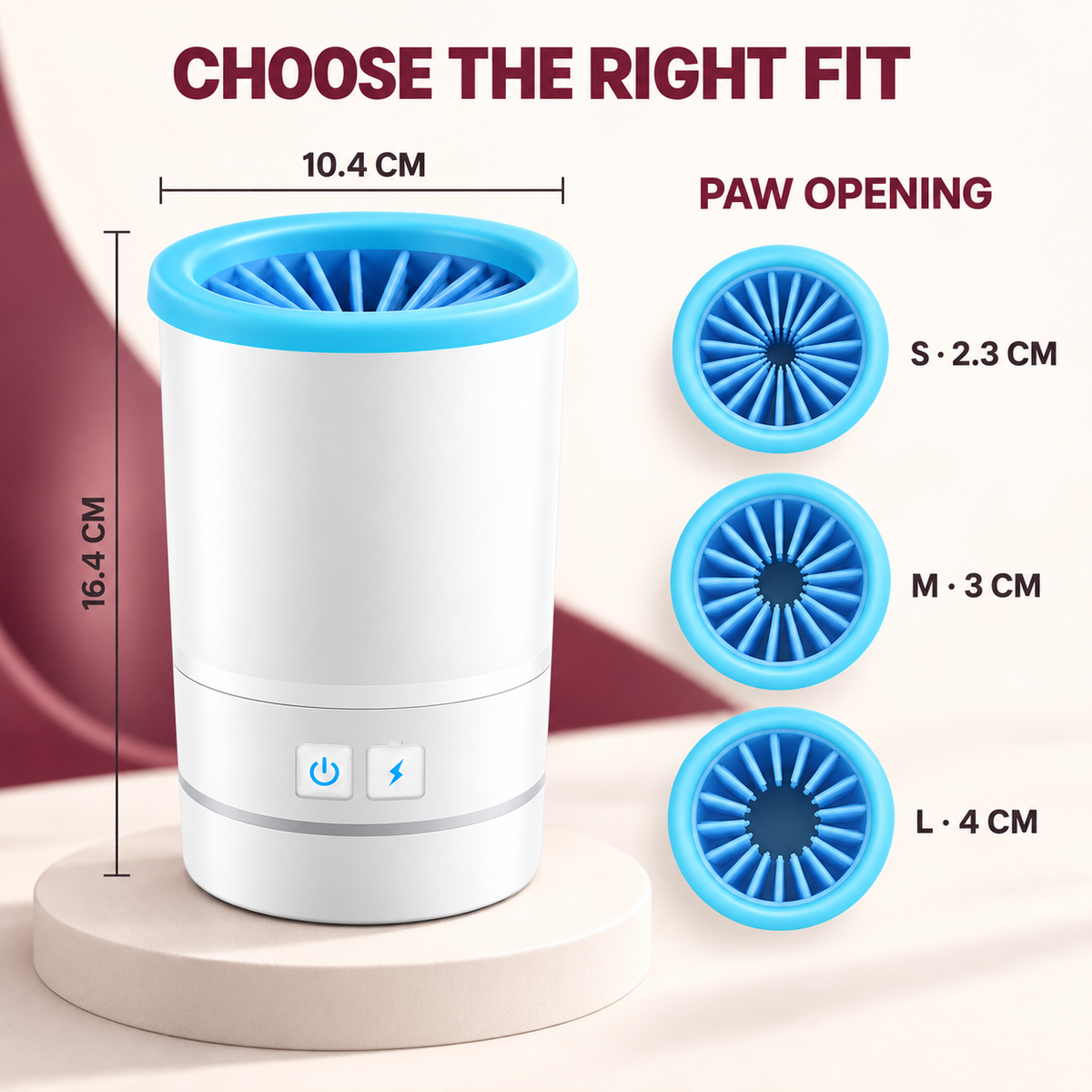 Lorzini dog paw cleaner size guide with small medium and large paw openings
