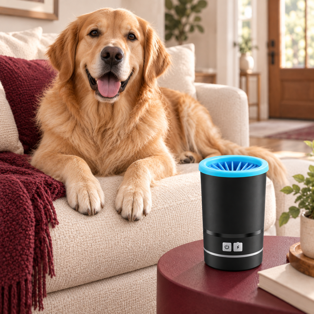 Golden retriever relaxing beside the black Lorzini electric paw cleaner