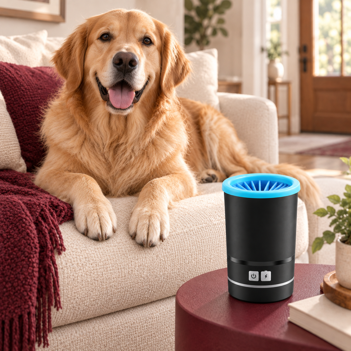 Golden retriever relaxing beside the black Lorzini electric paw cleaner