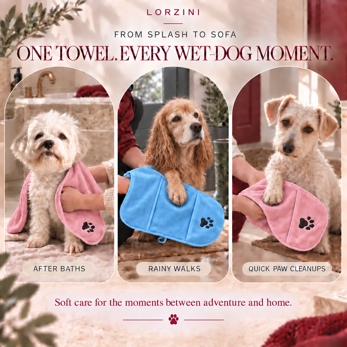 Lorzini dog drying towel used after baths, rainy walks and paw cleanups