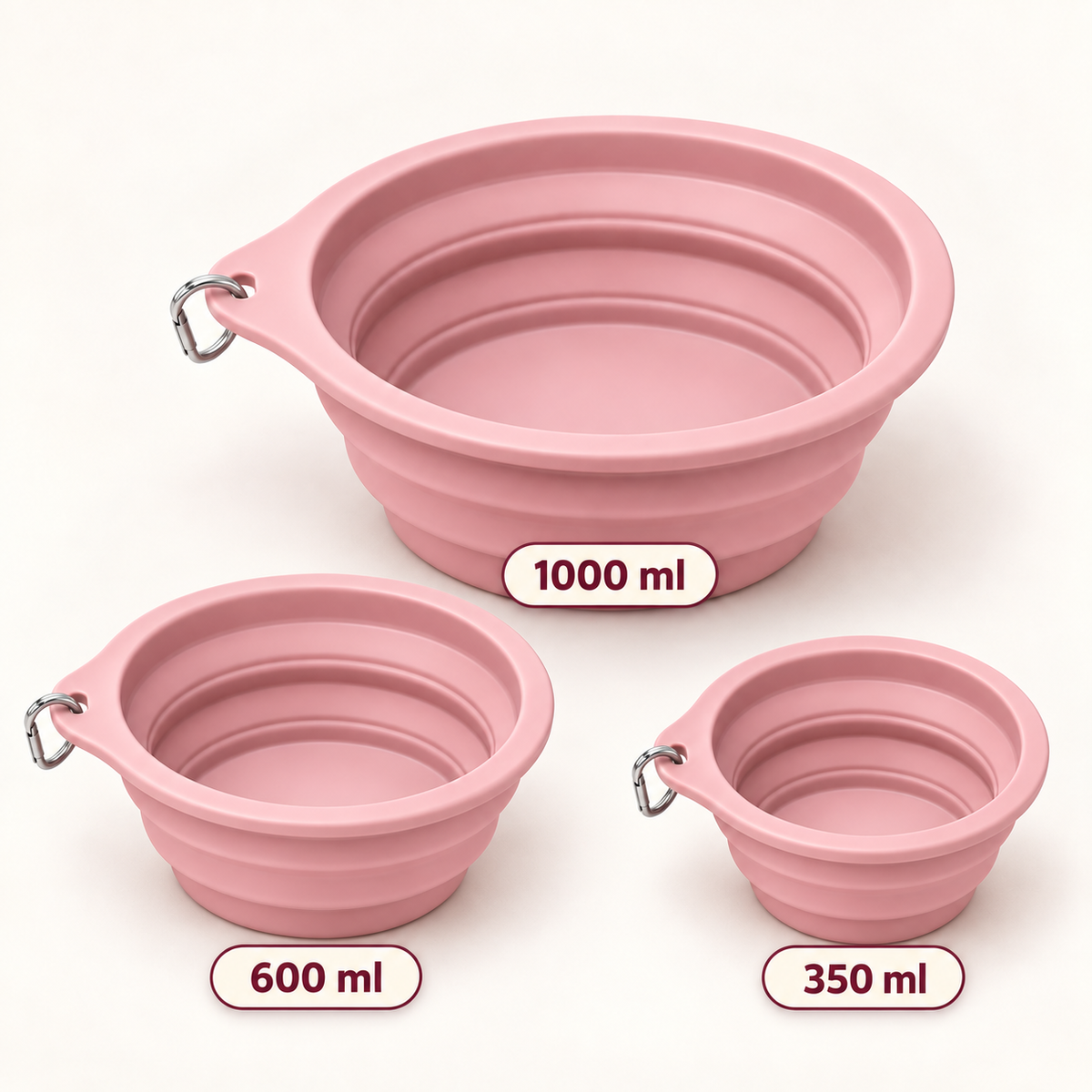 Collapsible dog bowls in 350 ml, 600 ml and 1000 ml sizes