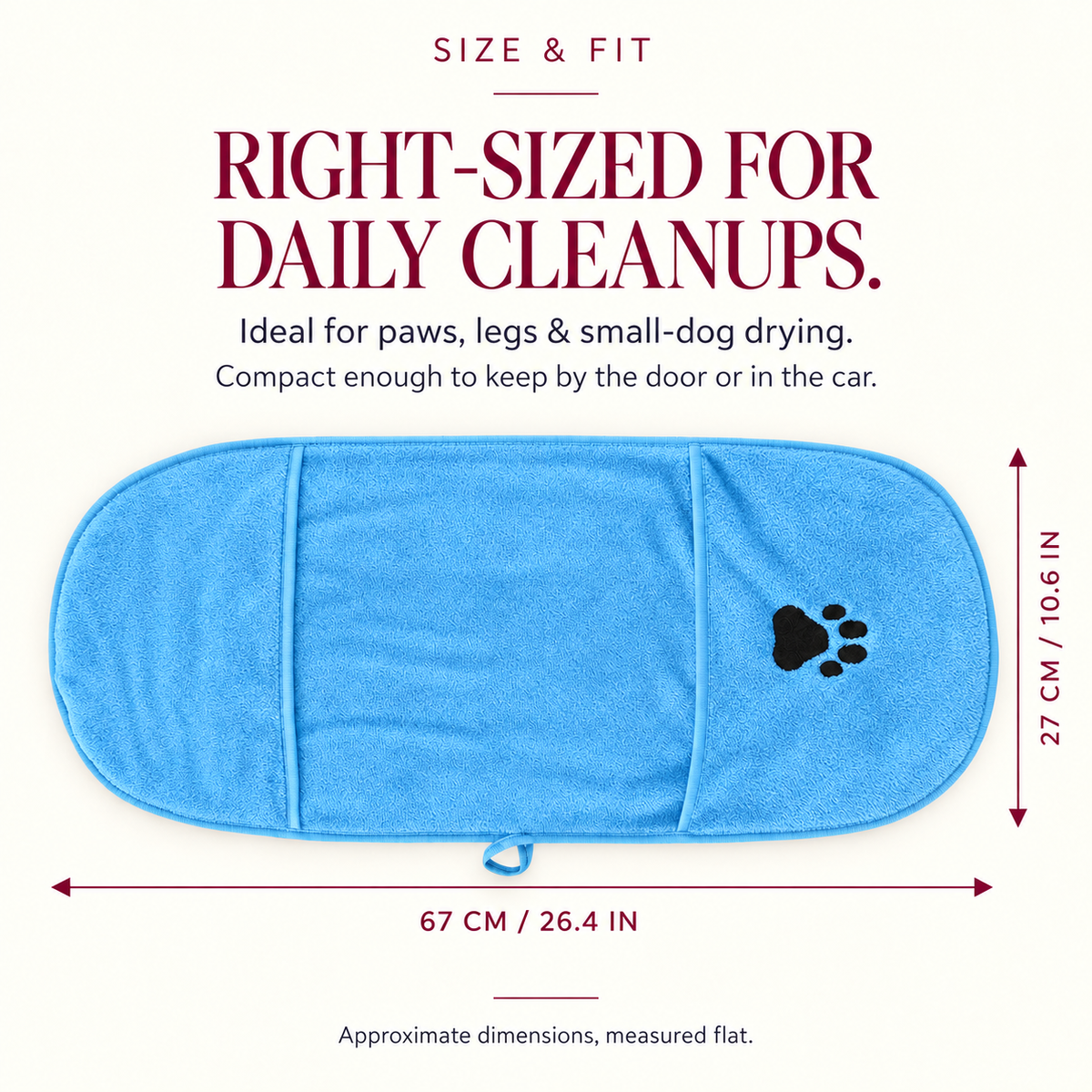 Sky blue microfiber dog drying towel measuring 67 by 27 centimeters