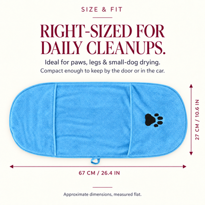 Sky blue microfiber dog drying towel measuring 67 by 27 centimeters